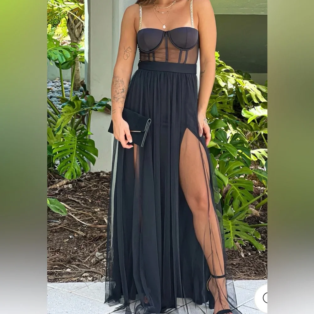 The Vintage Shop Black Corset Top Dress Tulle Skirt, Removable Gold Chain Straps - Picture 3 of 9